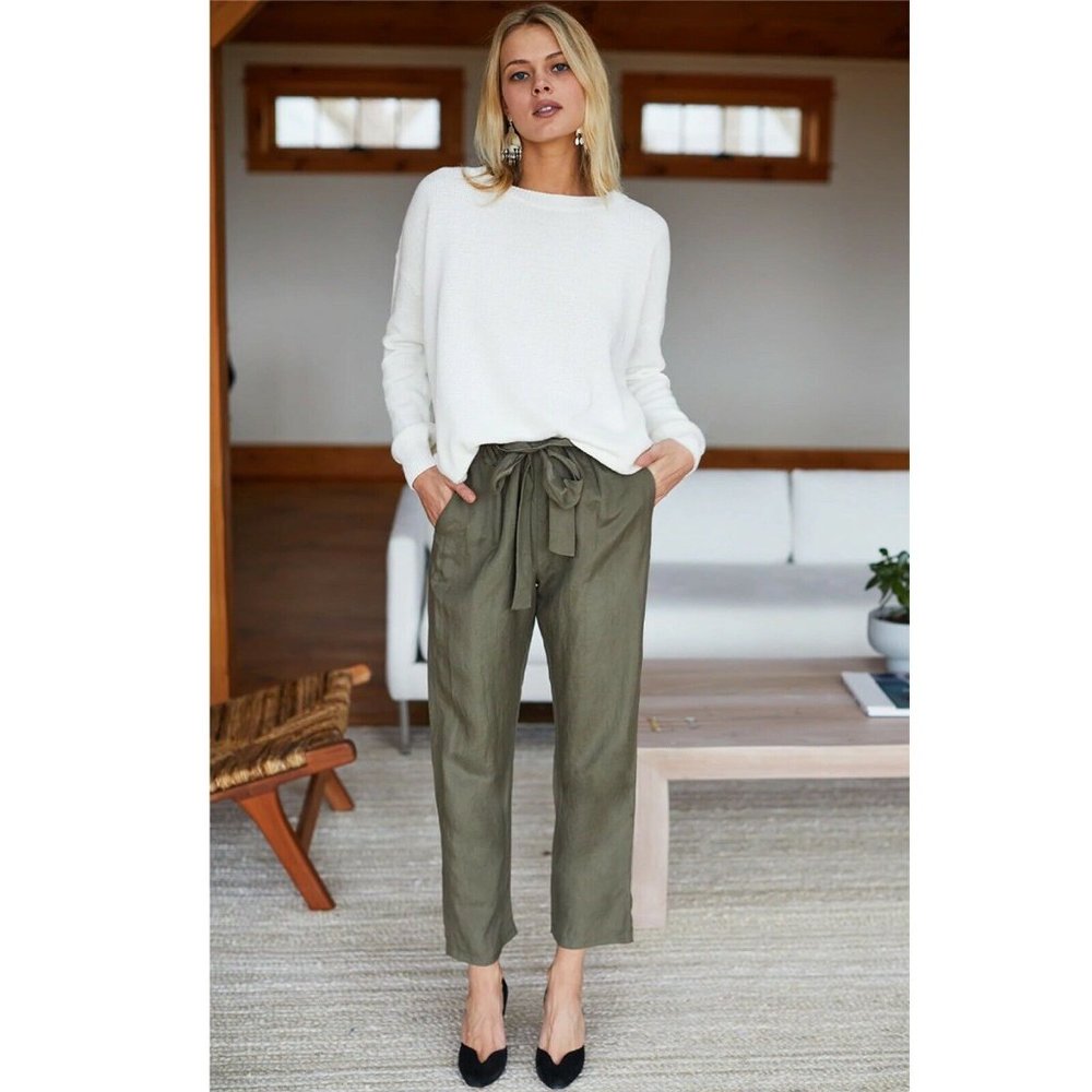 Emerson Fry Paris Green Linen Blend Paper Bag Waist Cropped Paris Pants Size S